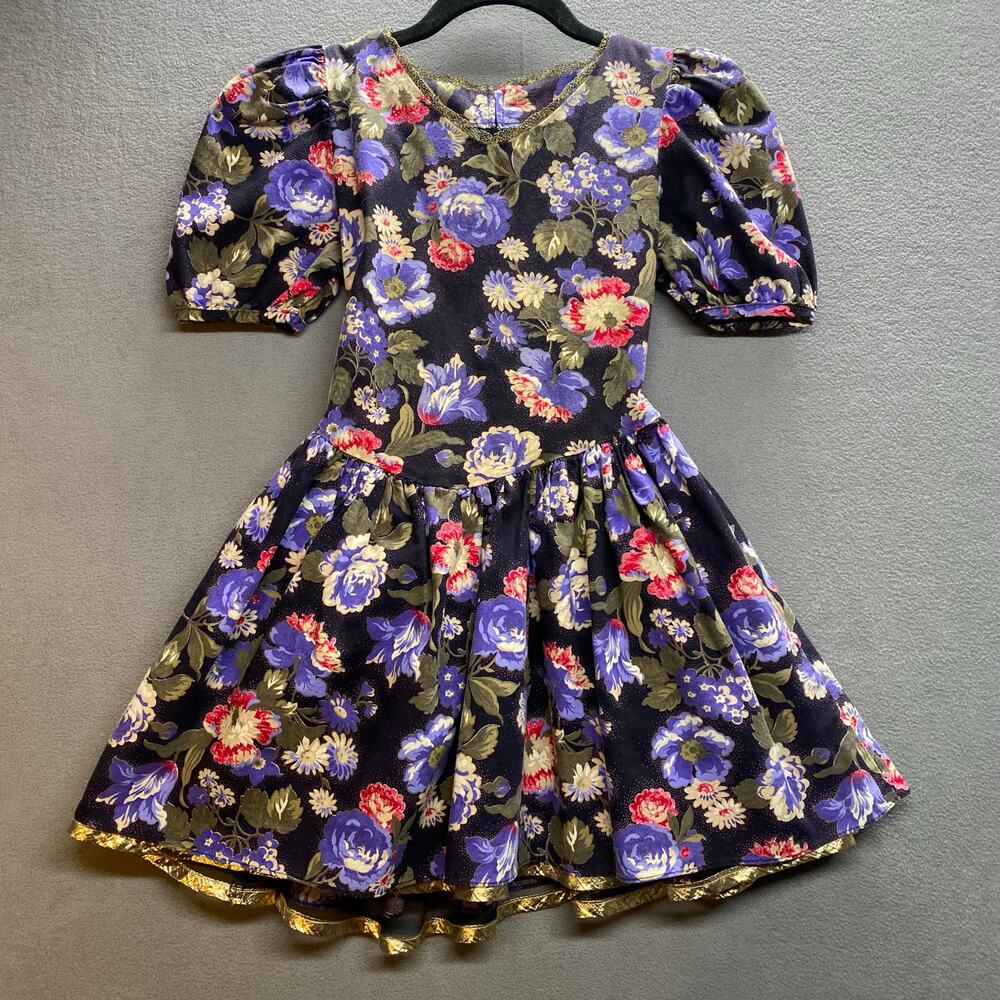 Vintage 90s Disorderly Kids Black Floral‎ Puff Sleeve A Line Dress Girls 8 Retro